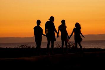Persons holding hands during sunset.